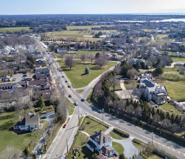 A bird 's eye view of a residential area with lots of trees.